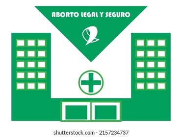 
Right to legal and safe abortion in hospitals, with text in Spanish. Green scarf with the symbol of legal and safe abortion in green and white