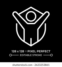 Right to life, liberty, personal security pixel perfect white line icon in negative space. Happy person and shield. Human security. Monochrome linear symbol on black background. Editable stroke