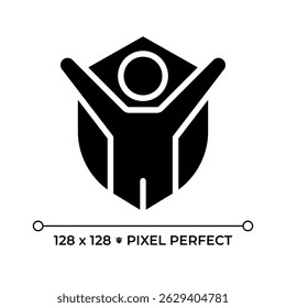 Right to life, liberty, personal security pixel perfect glyph solid icon. Happy person and shield. Human security. Black silhouette symbol on negative space. Vector isolated illustration