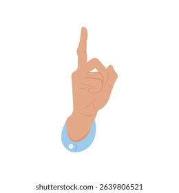 A right male hand with the index finger raised upward, pointing as if indicating something important. Vector. Isolated. Sign, symbol.