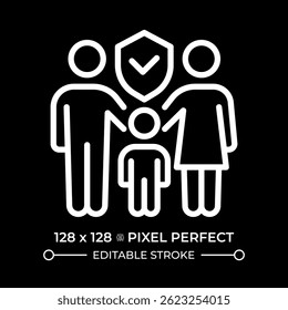 Right to marriage and family pixel perfect white line icon in negative space. Human rights protection. Equality and freedom support. Monochrome linear symbol on black background. Editable stroke