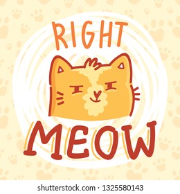 Right MEOW! Fun Pun illustration with ginger cat character with lettering text. Wordplay hand drawn picture as card, poster, banner, for web and print on cute background with paws
