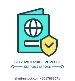 Right to nationality pixel perfect line color icon. Legal citizenship service. Stop discrimination. Human freedoms. Isolated vector illustration. Flat colorful symbol design. Editable stroke
