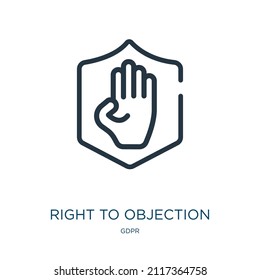 icono de la línea delgada de derecho a objeción. simple, iconos lineales de objeción del signo de contorno aislado del concepto gdpr. Elemento de símbolo de ilustración vectorial para diseño web y aplicaciones.