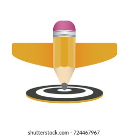 Right on target business success. Education concept. Pencil 3d vector. Airplane wings to give an idea of fast results.