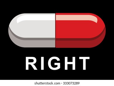 right pill or tablet, white and red half
