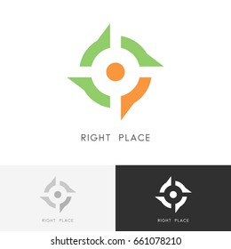 Right place logo - address mark and target symbol. Position, location and destination vector icon.