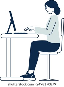 Right pose for computer desktop. Sitting woman working