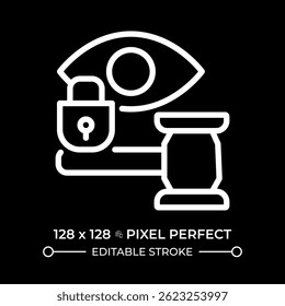 Right to privacy pixel perfect white line icon in negative space. Freedom from interference with family, home and correspondence. Monochrome linear symbol on black background. Editable stroke