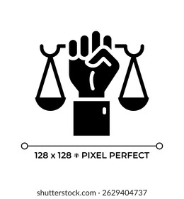 Right to recognition as person before law pixel perfect glyph solid icon. Justice and protection without discrimination. Black silhouette symbol on negative space. Vector isolated illustration