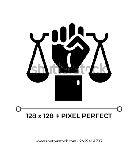 Right to recognition as person before law pixel perfect glyph solid icon. Justice and protection without discrimination. Black silhouette symbol on negative space. Vector isolated illustration