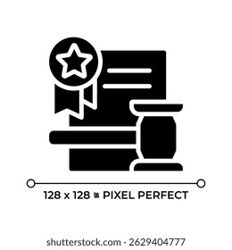 Right to remedy by competent tribunal pixel perfect glyph solid icon. Human rights protected by law. Document with gavel. Black silhouette symbol on negative space. Vector isolated illustration
