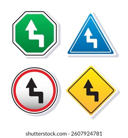 Right reverse turn ahead sign board with some shapes inside isolated on white background. Traffic road sign