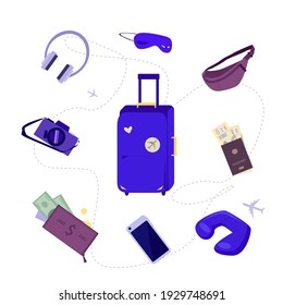 The right set of items for traveling by plane. A suitcase, documents, headphones, a camera and a sleep mask. Tourist items. Vector illustration