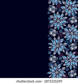 A right side frame made of geometric frozen crystal style poinsettia and jingle bells with tiny falling snowflakes in blue, silver and purple colors suitable for a card or a background