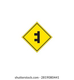 Right side road junction warning sign isolated on white background, yellow diamond traffic symbol indicating side road ahead for road safety and driver awareness