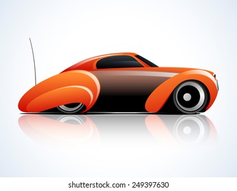 Right side view of a glossy high speed sports car design on shiny sky blue and white background.