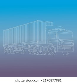 Right side view line vector drawing of container truck. Cargo courier logistic vehicle transportation concept. Continuous line drawing.