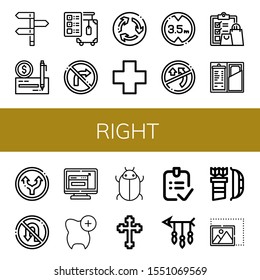 right simple icons set. Contains such icons as Directions, Check, Check out, No turn right, Roundabout, Cross, Height limit, No overtaking, can be used for web, mobile and logo