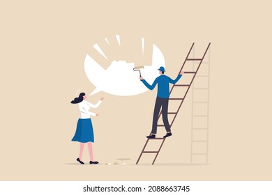 Right to speak, freedom of speech or truth or negative censorship, delete or remove opponent opinion, government and politics concept, mystery man using paint removing or censor woman speech bubble.