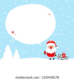 Right Standing Santa Claus With Sleigh In Forest Speech Bubble Snow Blue