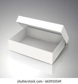 right tilt blank white paper half open box with leaning separate lid 3d illustration, can be used as design element, isolated bicolor background, elevated view