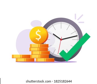 Right time for opportunity to make or earn money vector concept, correct moment to gain financial profit flat illustration, earning timer clock with check mark tick as good time become wealth