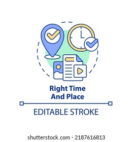 Right Time And Place Concept Icon. Marketing Strategy. Content Tip Abstract Idea Thin Line Illustration. Isolated Outline Drawing. Editable Stroke. Arial, Myriad Pro-Bold Fonts Used