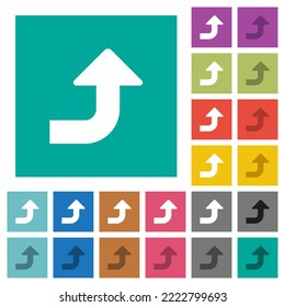 Right top side turn arrow solid multi colored flat icons on plain square backgrounds. Included white and darker icon variations for hover or active effects.