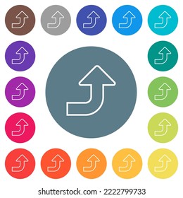 Right top side turn arrow outline flat white icons on round color backgrounds. 17 background color variations are included.