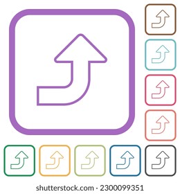 Right top side turn arrow outline simple icons in color rounded square frames on white background