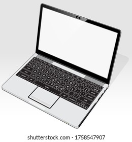 A right top view of a laptop computer presenting a blank screen detail. 