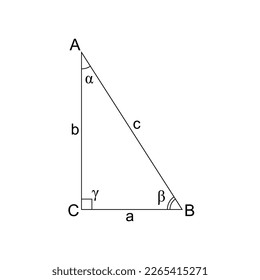 Right triangle ABC with sides - a,b,c, angles - α,β,γ. Isolated on the white background.