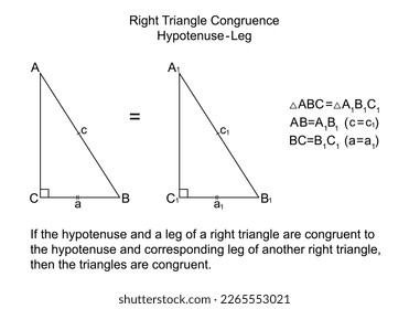 Right Triangle Congruence Hypotenuse-Leg. Two equal triangles by hypotenuse and leg. Isolated on the white background. Vector.