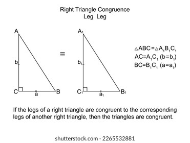 Right Triangle Congruence Leg-Leg.  Two congruent triangles by two legs. Isolated on the white background. Vector.