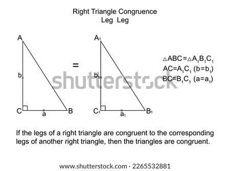 Right Triangle Congruence Leg-Leg.  Two congruent triangles by two legs. Isolated on the white background. Vector.