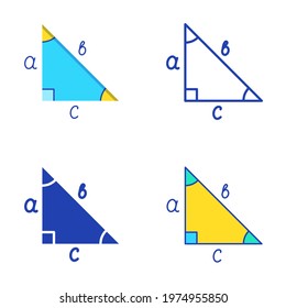 Right triangle with marked angles icon set in flat and line style. Math trigonometry symbol. Vector illustration.