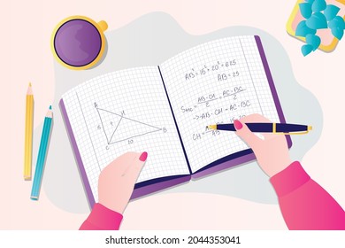 Right triangle and solution to problem in notebook. Girl solves geometry problem. Female hand holding pen. Student doing homework in mathematics. Learning concept. Top view. Flat vector illustration