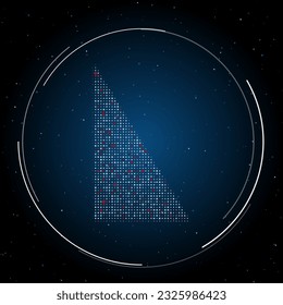 The right triangle symbol filled with white dots. Pointillism style. Some dots is red. Vector illustration on blue background with stars