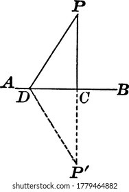 Ein rechtes Dreieck mit den Verzerrungen D, P, C wird in Bezug auf Linie AB, Vintage-Linien-Zeichnung oder Graviergrafik umgekehrt.