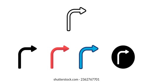 
right turn arrow icon set with 5 different types of styles, line, color outline, flat color, round, black fill.
