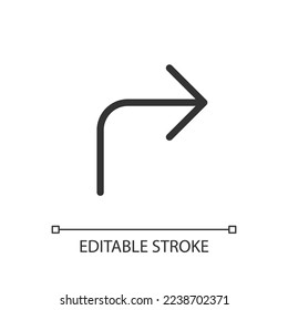 Icono de ui lineal perfecto en píxel de flecha de giro a la derecha. Siguiendo la dirección. Señal de carretera. Buscando ruta. GUI, diseño UX. Esquema de elemento de interfaz de usuario aislado para aplicación y web. Trazo editable. Tipo de letra arial utilizado