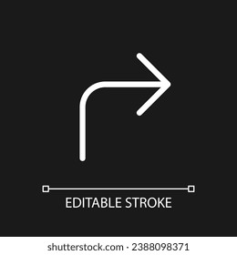 Right turn arrow pixel perfect white linear ui icon for dark theme. Road sign. Finding route. Vector line pictogram. Isolated user interface symbol for night mode. Editable stroke. Arial font used