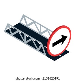 Right turn icon isometric vector. Road bridge and direction road sign. Traffic sign, direction indicator, traffic regulations