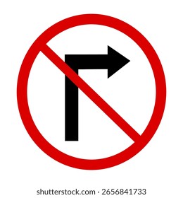 Giro a la derecha prohibida ilustración de señal de tráfico en estilo plano. Conveniente para la educación de la seguridad vial, el diseño de la regulación del tráfico, la interfaz de usuario del App del transporte, o las infografías. 