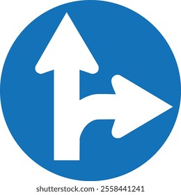 Right Turn or Straight Ahead Traffic Sign - Blue Circular Road Sign