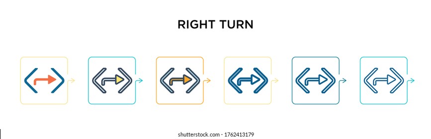 Right turn vector icon in 6 different modern styles. Black, two colored right turn icons designed in filled, outline, line and stroke style. Vector illustration can be used for web, mobile, ui