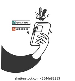 right user name and wrong password verification login on mobile phone doodle cartoon drawn style