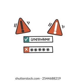 right user name and wrong password verification login on mobile phone doodle cartoon drawn style