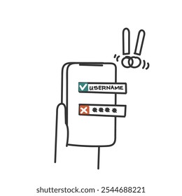 right user name and wrong password verification login on mobile phone doodle cartoon drawn style